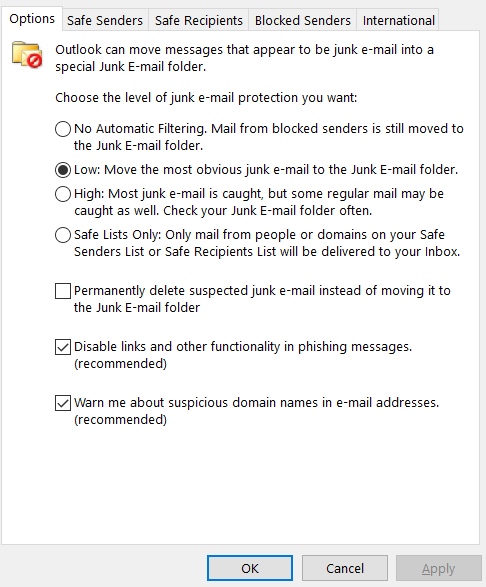 Outlook junk options