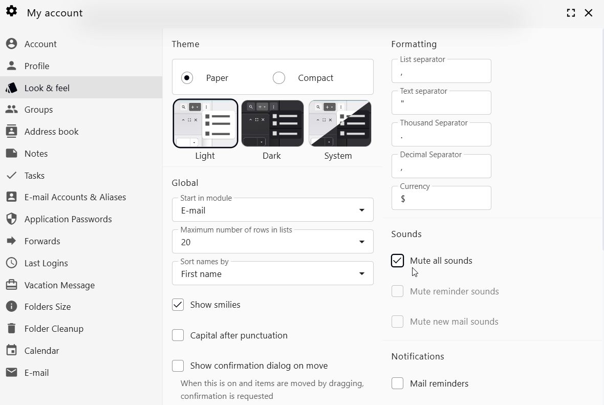 Mute all sounds option in Webmail settings