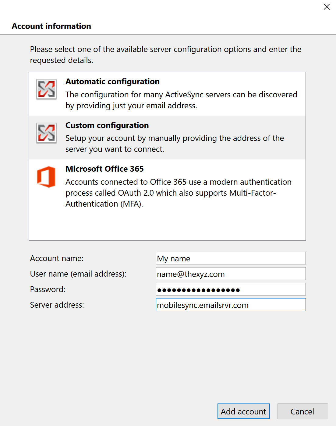 ActiveSync settings for Thunderbird