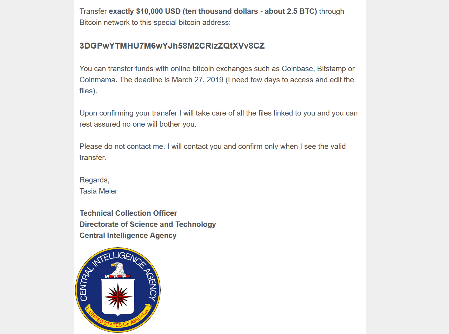 CIA Extortion email