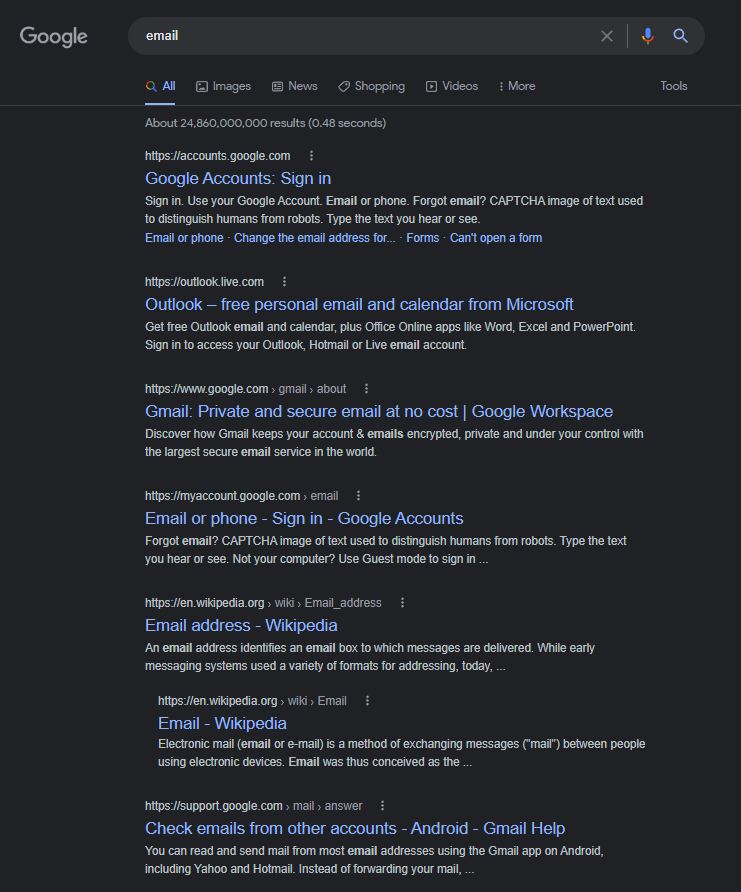 email search results in Google