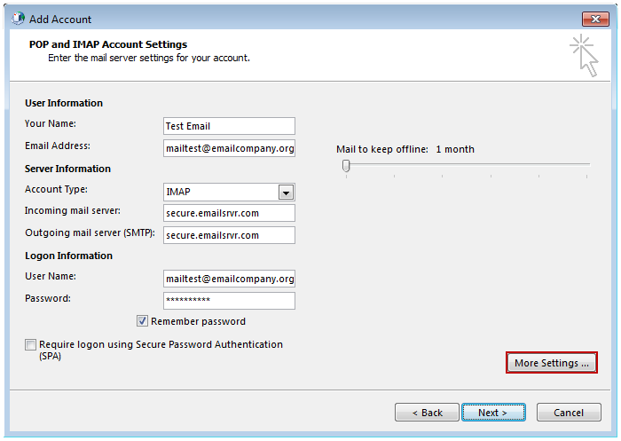 IMAP settings for Outlook