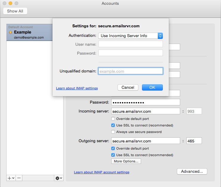 Outlook server settings