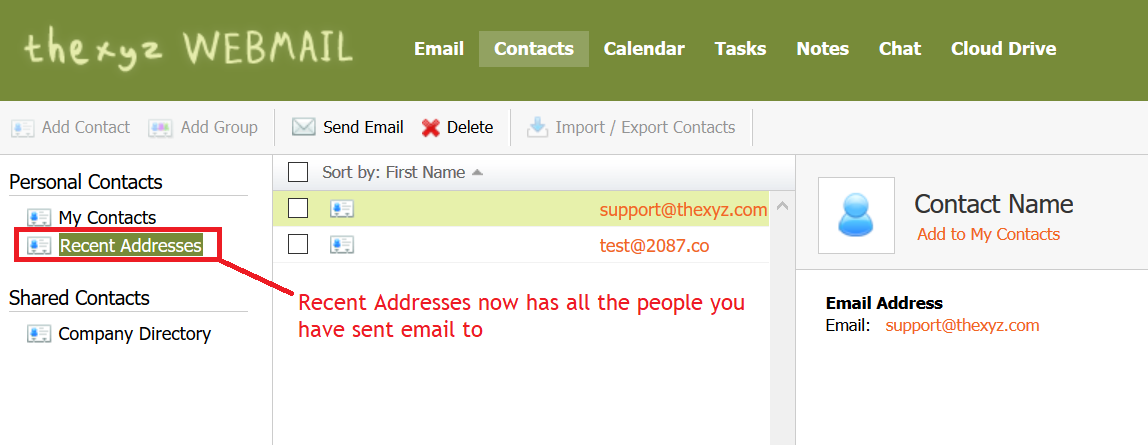 Webmail Recent Addresses