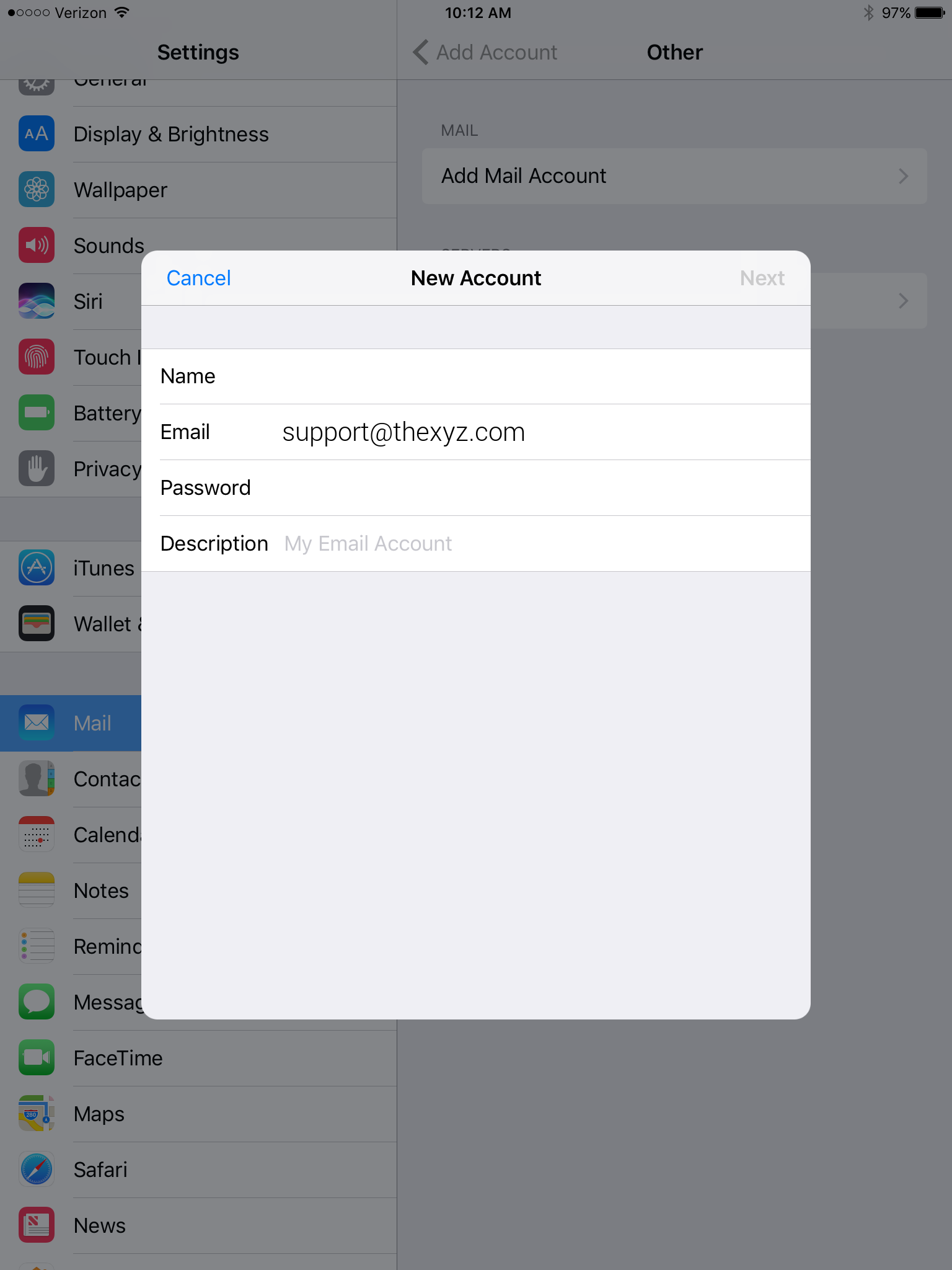 Imap email setup for iPad